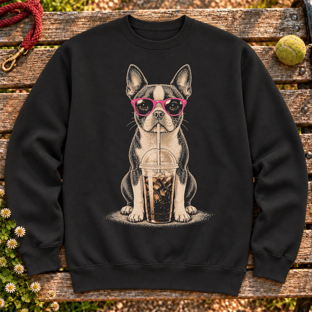 Boston Terrier drinking cold coffee in pink sunglasses on Black sweatshirt