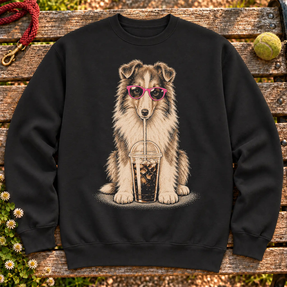 Collie drinking cold coffee in pink sunglasses on Black sweatshirt