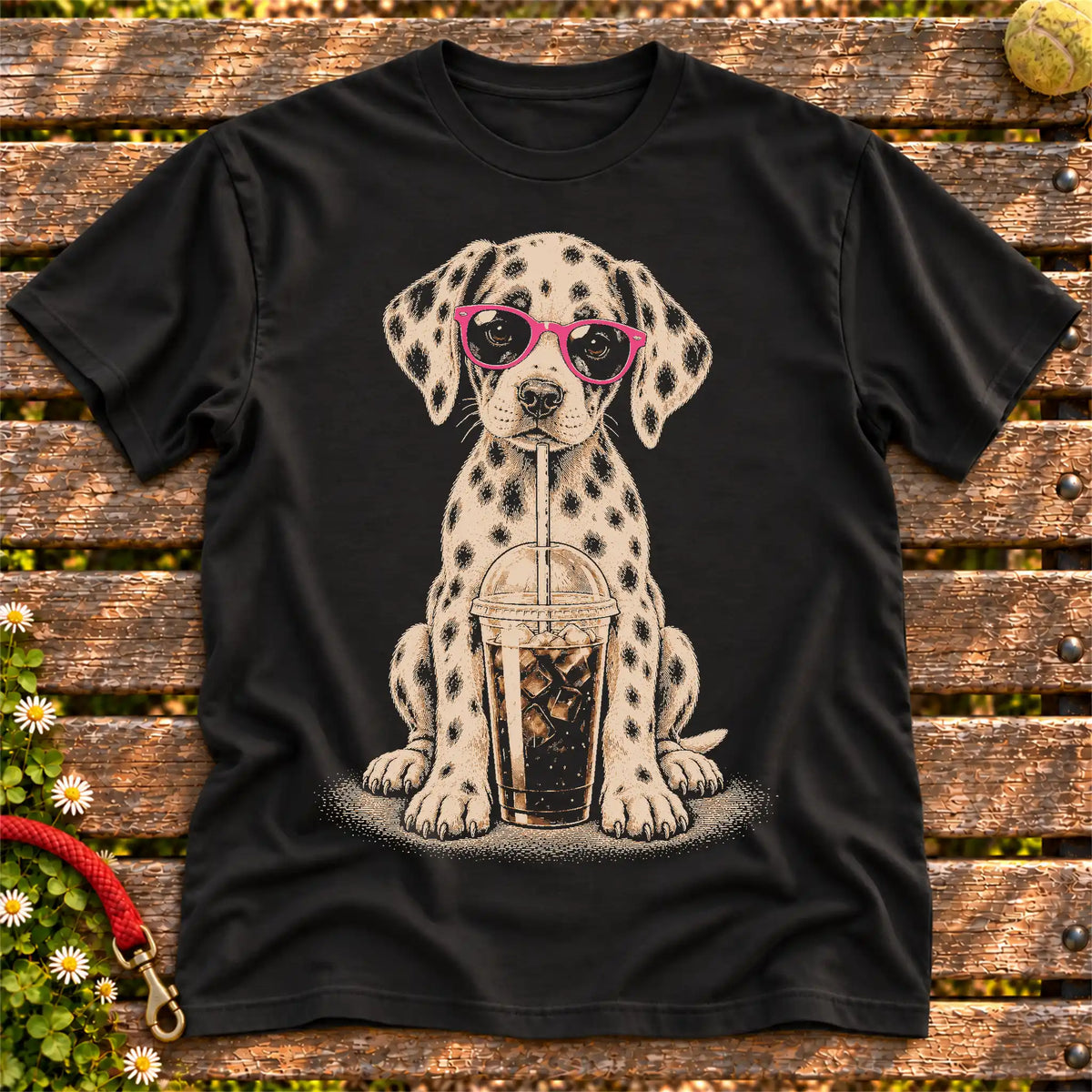 Dalmatian drinking cold coffee in pink sunglasses on Black T-shirt