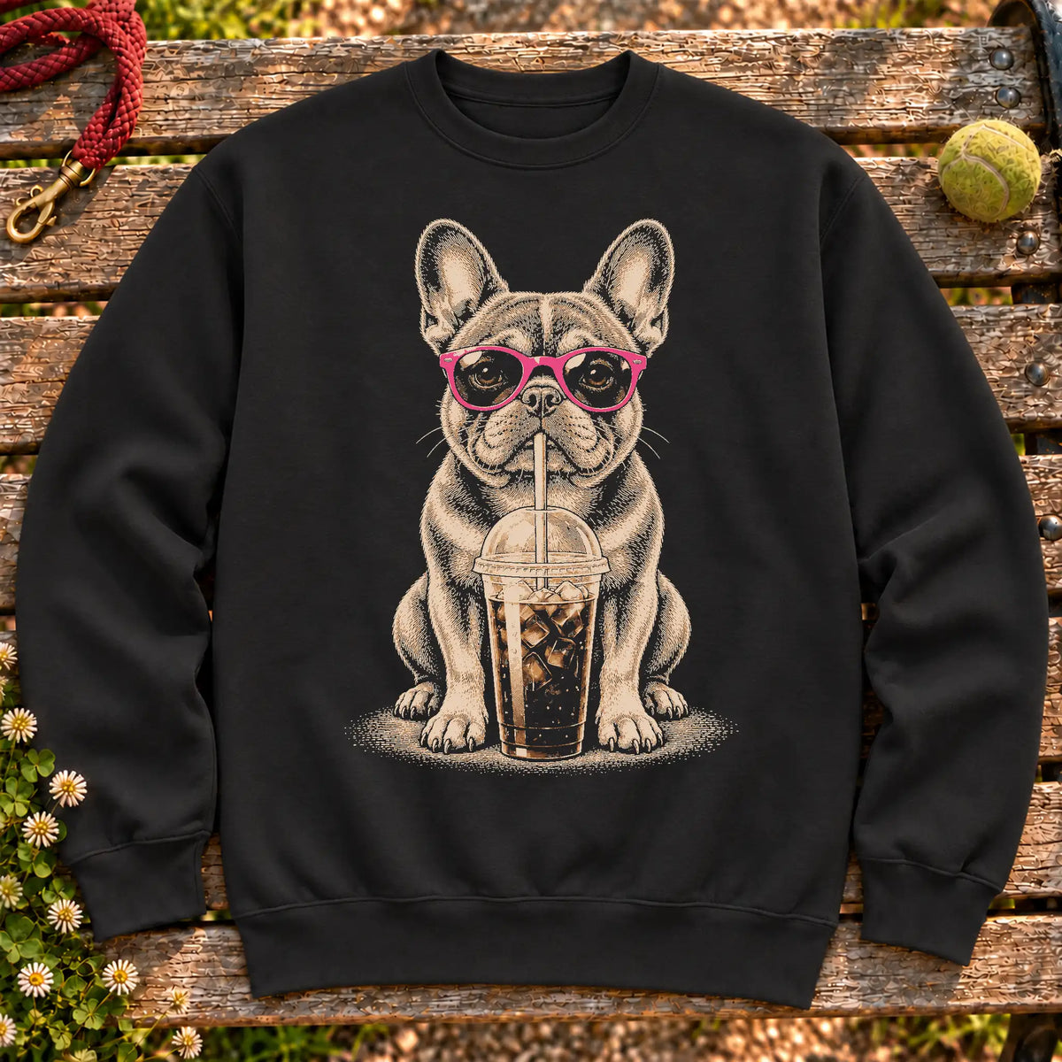 French Bulldog drinking cold coffee in pink sunglasses on Black sweatshirt
