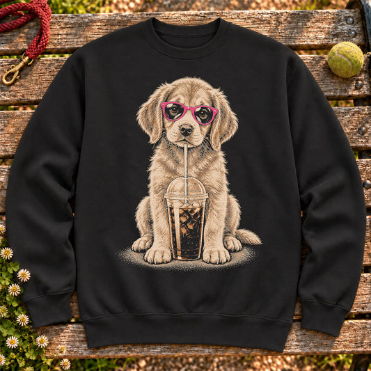Golden Retriever drinking cold coffee in pink sunglasses on Black sweatshirt