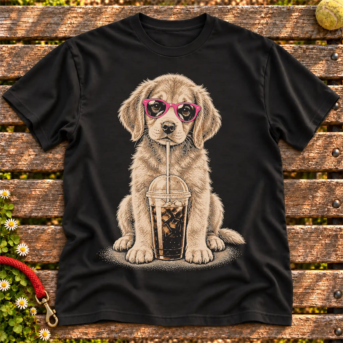 Golden Retriever drinking cold coffee in pink sunglasses on Black T-shirt