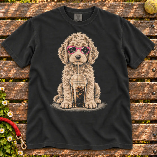 Black Comfort Colors® T-shirt featuring the Goldendoodle Cold Coffee design.