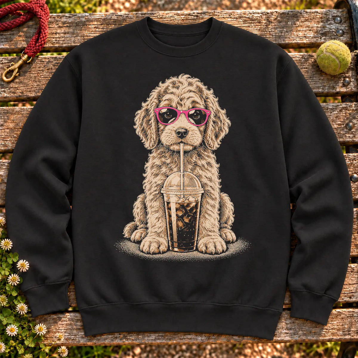 Goldendoodle drinking cold coffee in pink sunglasses on Black sweatshirt