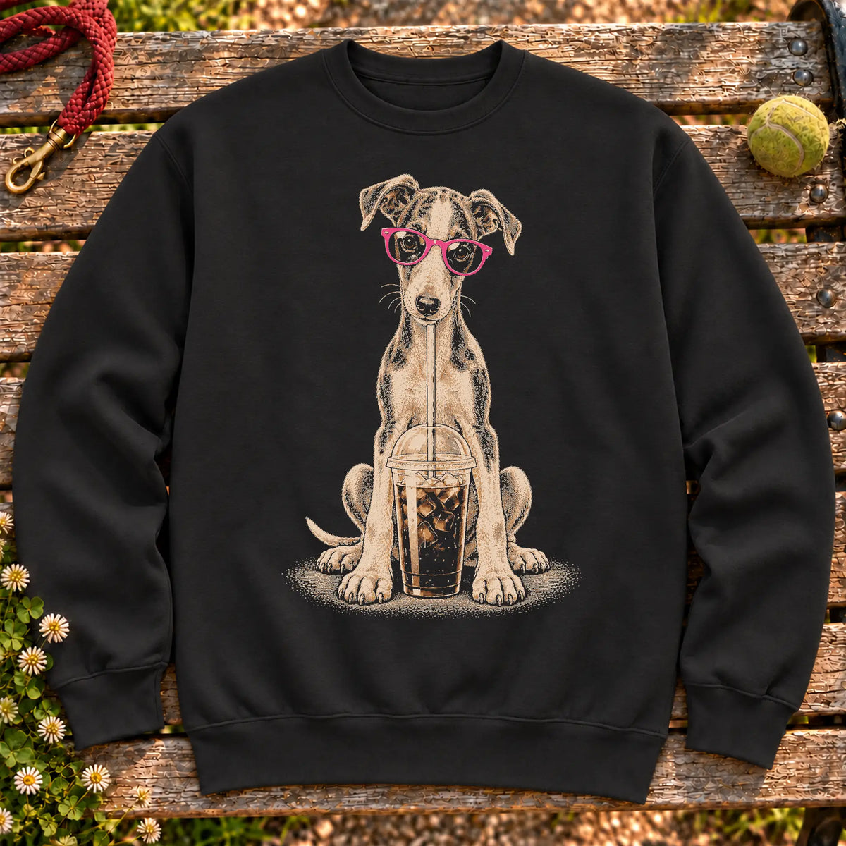 Greyhound drinking cold coffee in pink sunglasses on Black sweatshirt