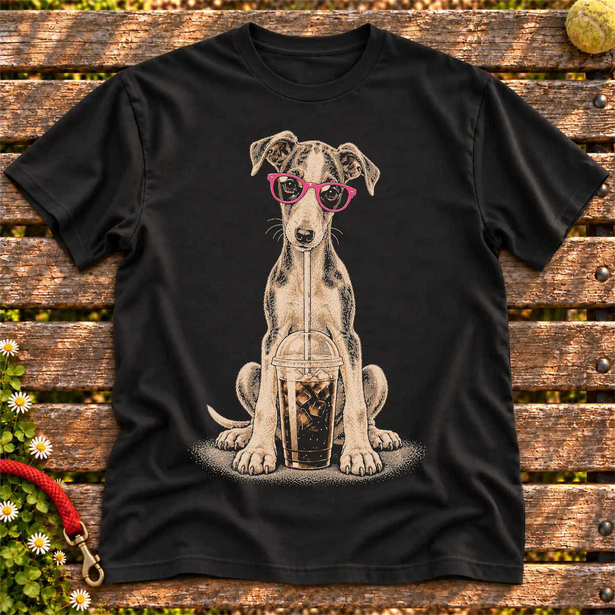 Greyhound drinking cold coffee in pink sunglasses on Black T-shirt