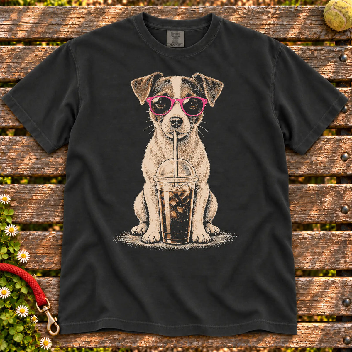 Black Comfort Colors® T-shirt featuring the Jack Russell Cold Coffee design.