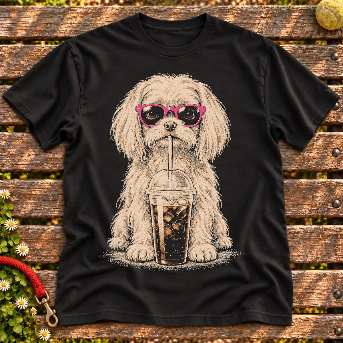Maltese drinking cold coffee in pink sunglasses on Black T-shirt