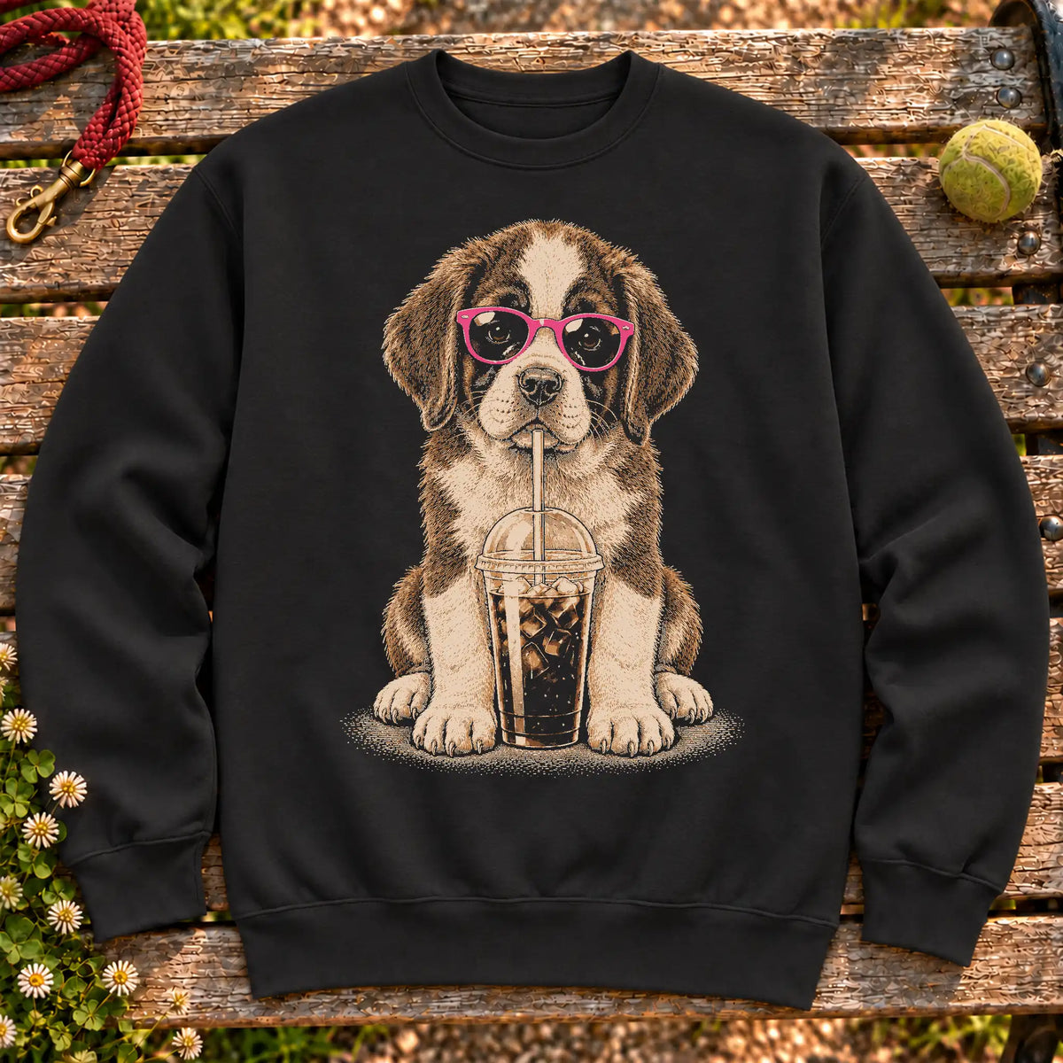 Saint Bernard drinking cold coffee in pink sunglasses on Black sweatshirt