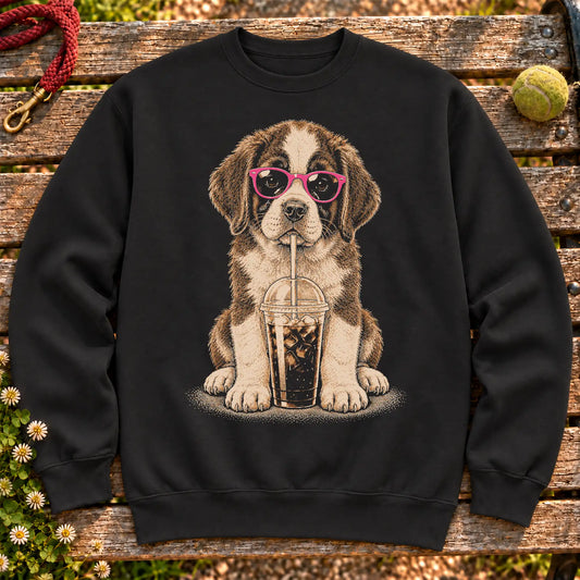 Saint Bernard drinking cold coffee in pink sunglasses on Black sweatshirt