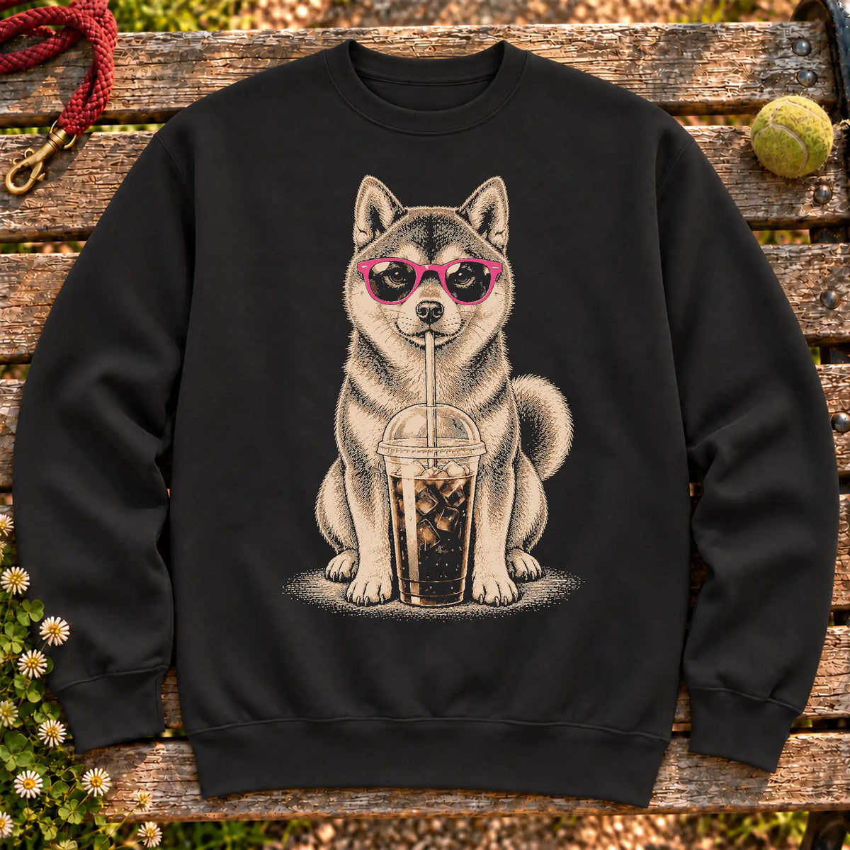 Shiba Inu drinking cold coffee in pink sunglasses on Black sweatshirt