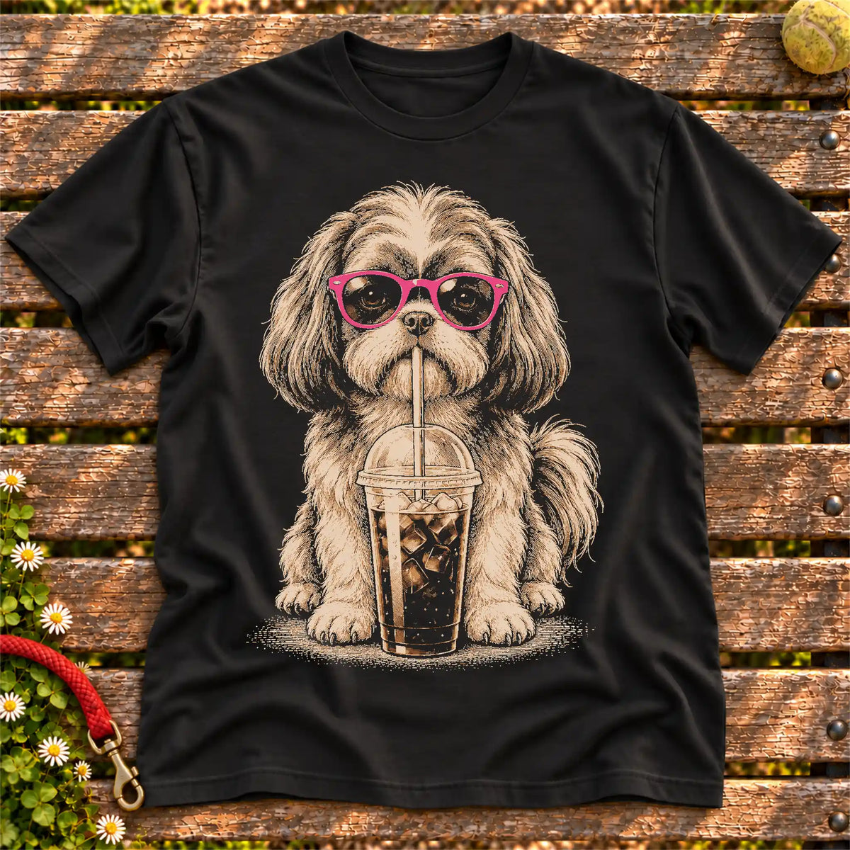 Shih Tzu drinking cold coffee in pink sunglasses on Black T-shirt