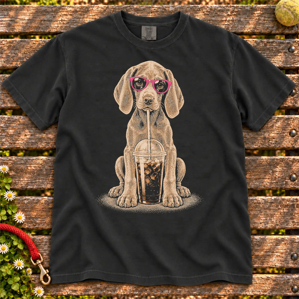 Black Comfort Colors® T-shirt featuring the Weimaraner Cold Coffee design.