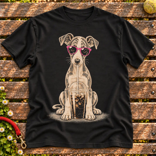 Whippet drinking cold coffee in pink sunglasses on Black T-shirt