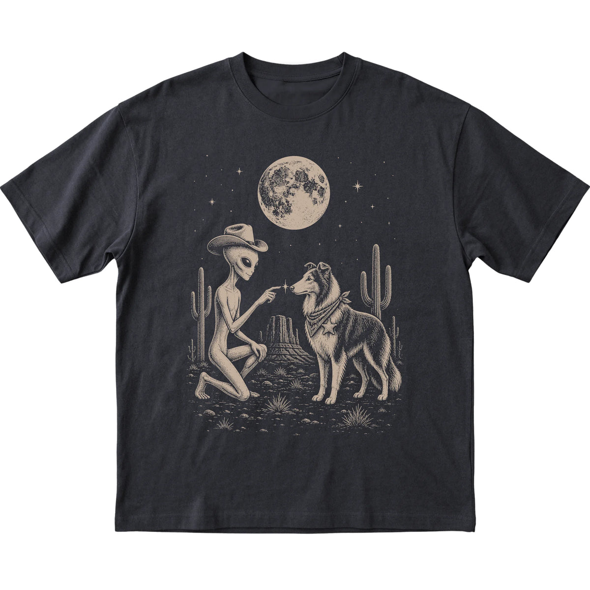 Black T-shirt featuring Collie Cowboy and Alien, laid-flat presentation