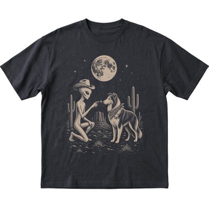 Black T-shirt featuring Collie Cowboy and Alien, laid-flat presentation