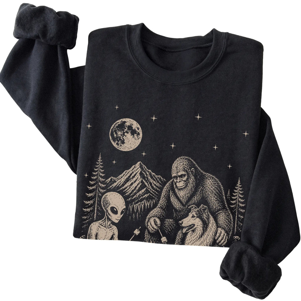 Black Collie Camping with Bigfoot and Alien folded detail view