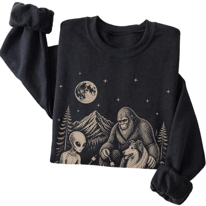 Black Collie Camping with Bigfoot and Alien folded detail view