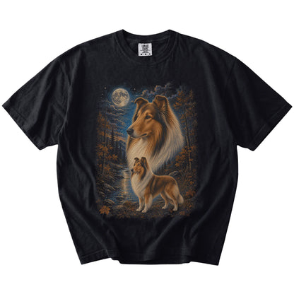 Collie in a moonlit fall forest scene on a Black Comfort Colors® t-shirt