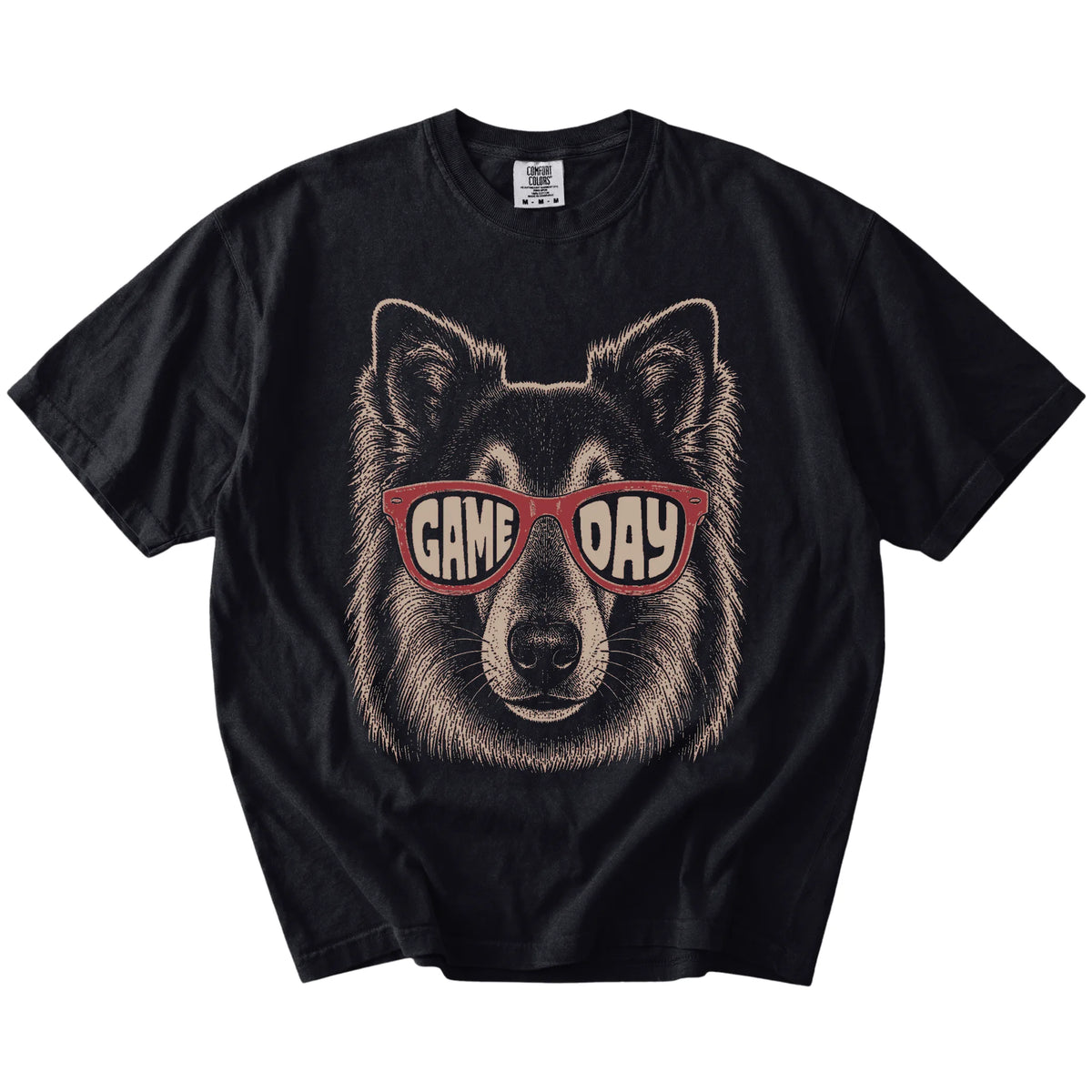Collie wearing red Game Day sunglasses on a Black Comfort Colors® T-shirt