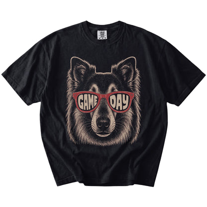 Collie wearing red Game Day sunglasses on a Black Comfort Colors® T-shirt