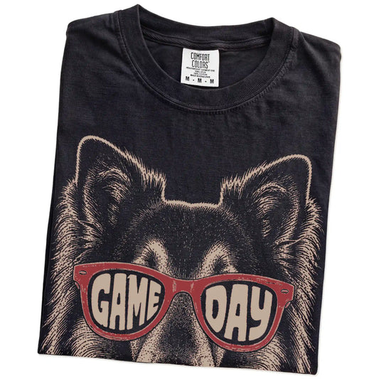 Folded Black Comfort Colors® T-shirt showing collie wearing red game day sunglasses