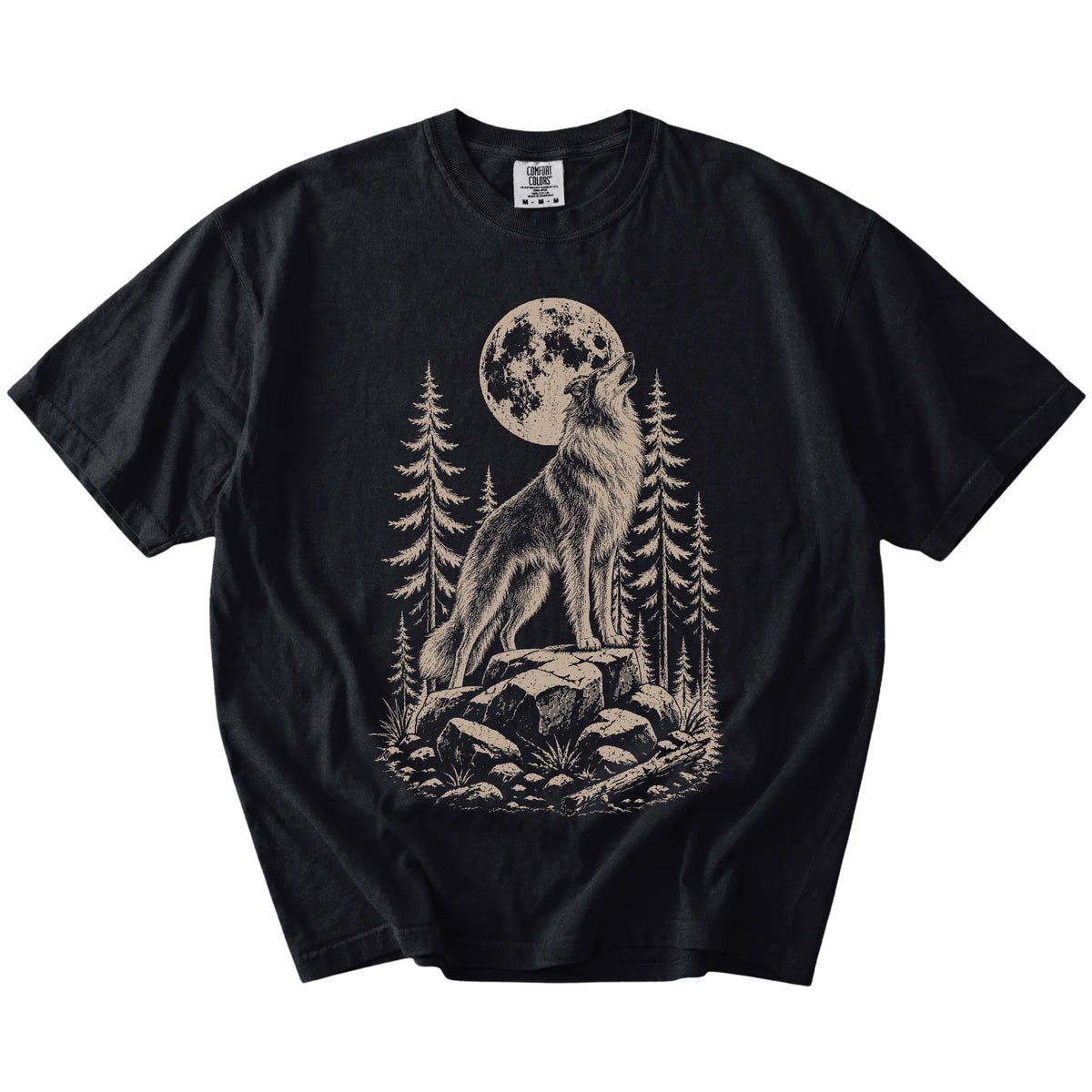 Collie howling beneath the moon and pine trees on a Black Comfort Colors® T-shirt