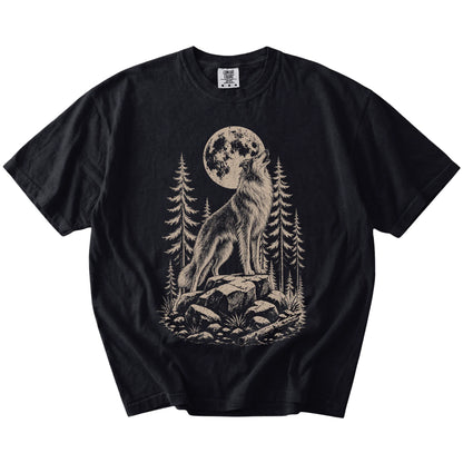 Collie howling beneath the moon and pine trees on a Black Comfort Colors® T-shirt