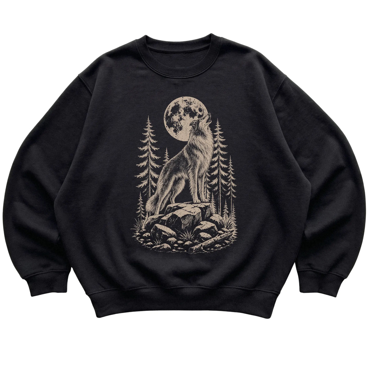 Close view of Collie Howling at the Moon artwork on Black crewneck sweatshirt