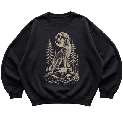 Close view of Collie Howling at the Moon artwork on Black crewneck sweatshirt