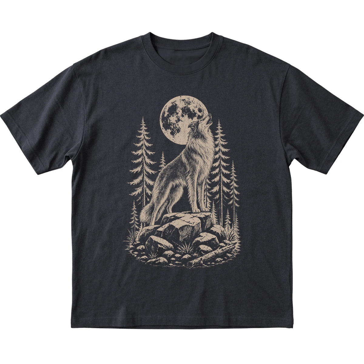 Close view of Collie Howling at the Moon artwork on Black softstyle T-shirt