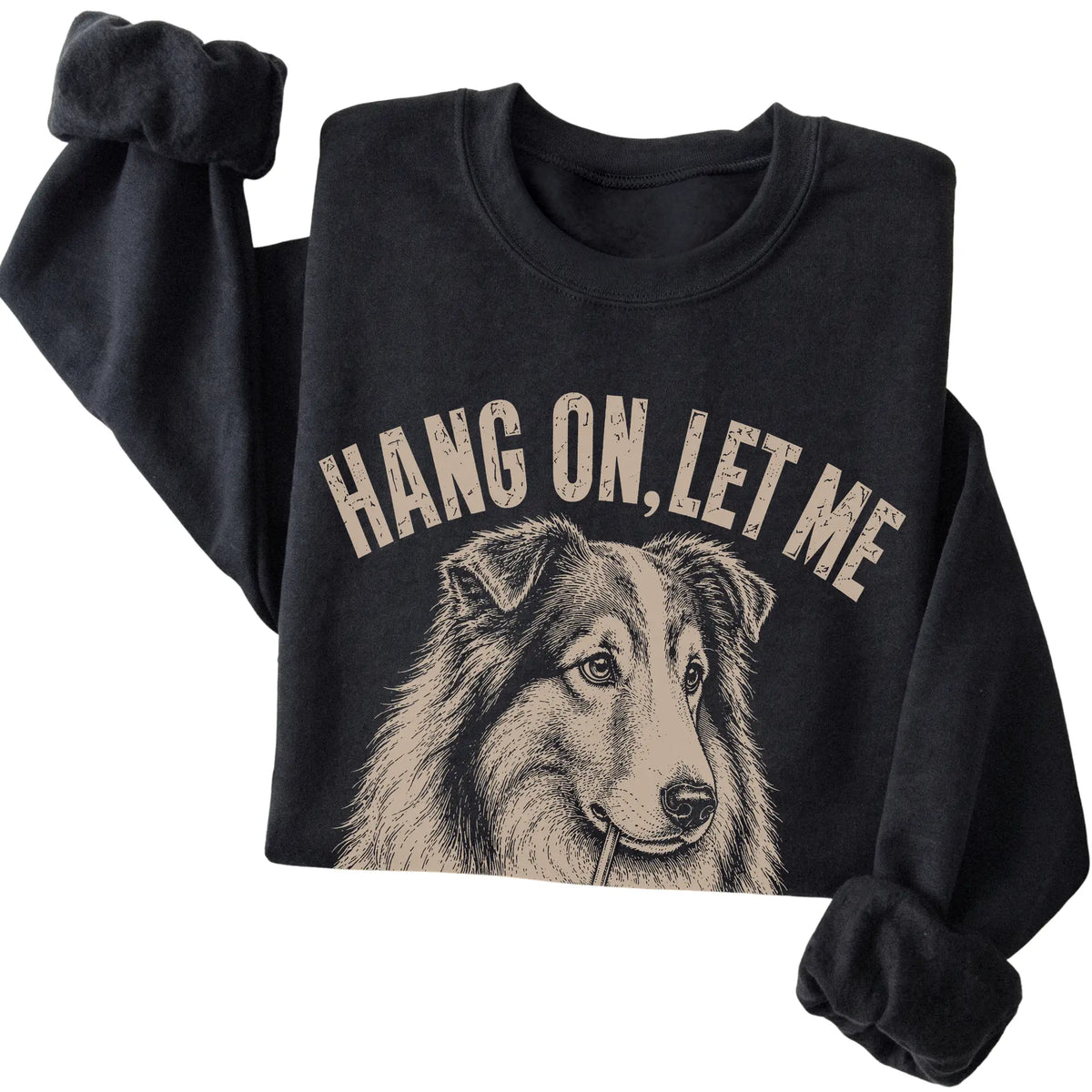 Black crewneck sweatshirt featuring Overthinking Collie, folded presentation