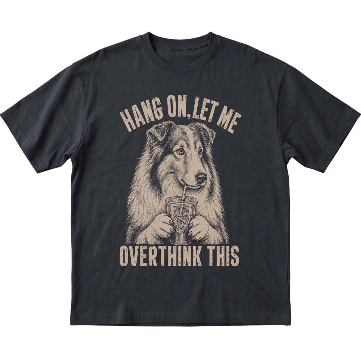Black T-shirt featuring Overthinking Collie, laid-flat presentation