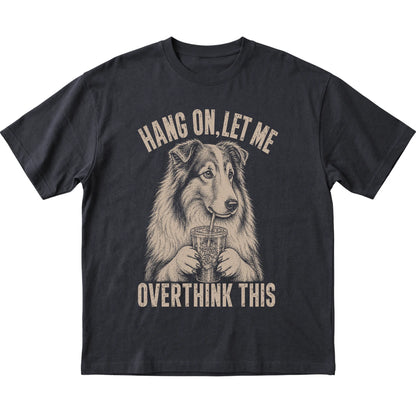 Black T-shirt featuring Overthinking Collie, laid-flat presentation