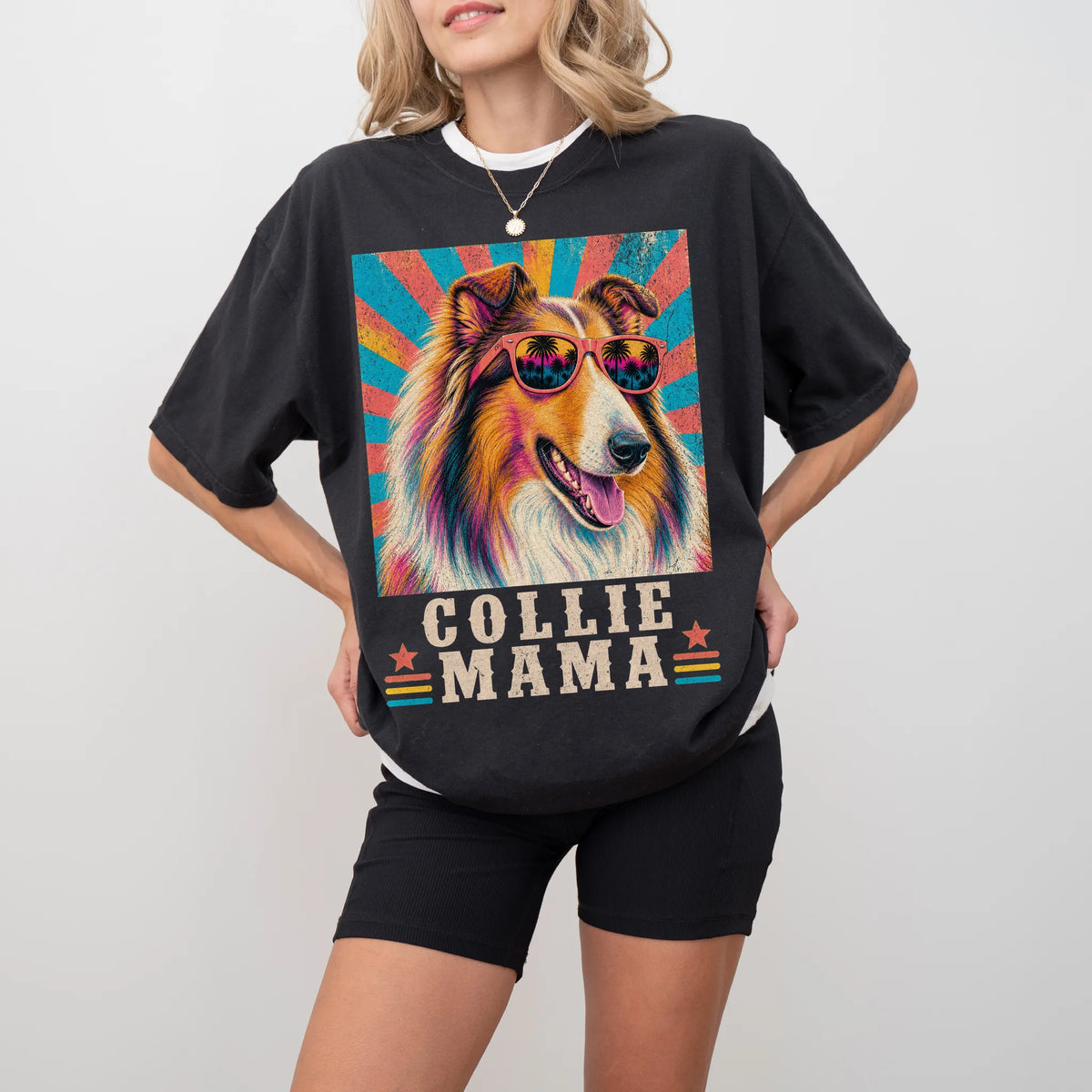 Retro Collie Mama design on a Black Comfort Colors T-shirt worn by a model
