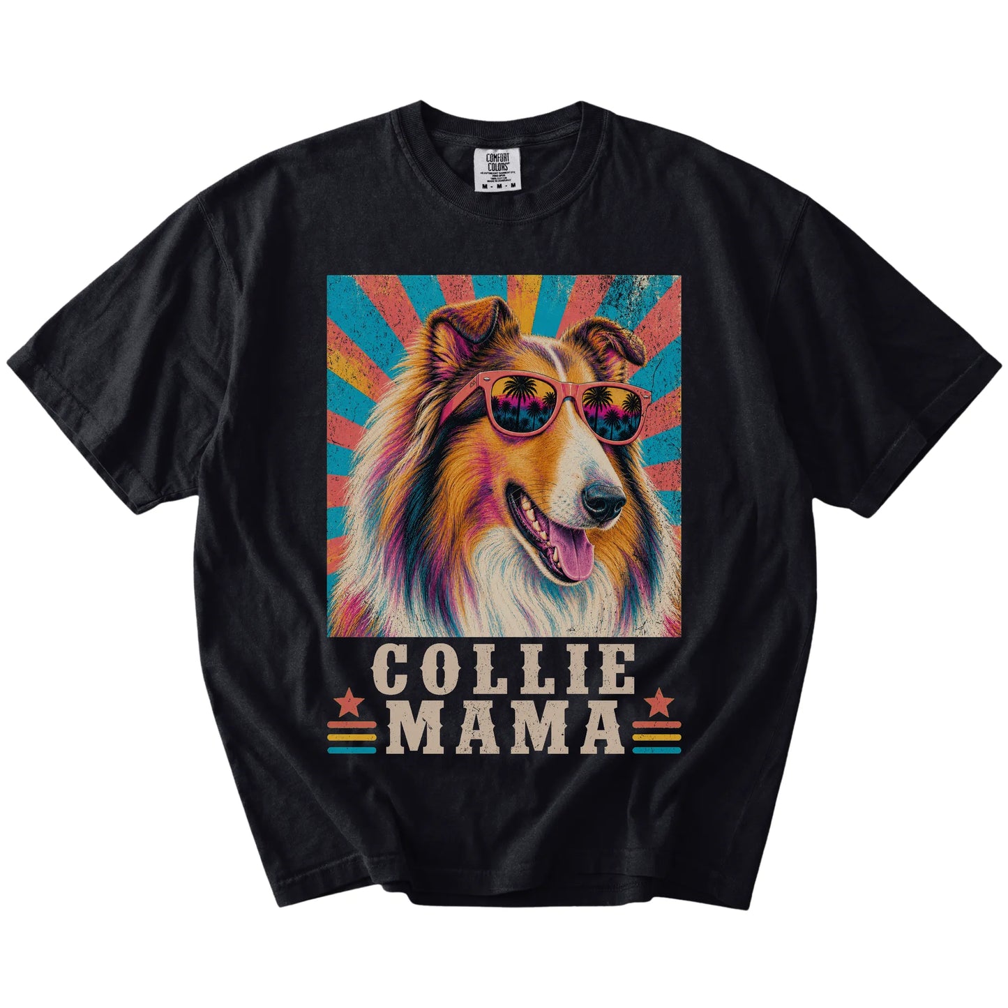 Retro Collie Mama design on a Black Comfort Colors T-shirt