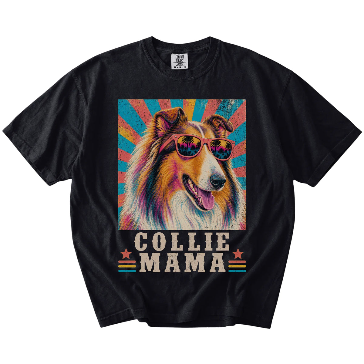 Retro Collie Mama design on a Black Comfort Colors T-shirt
