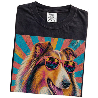 Retro Collie Mama design on a Black Comfort Colors T-shirt folded detail