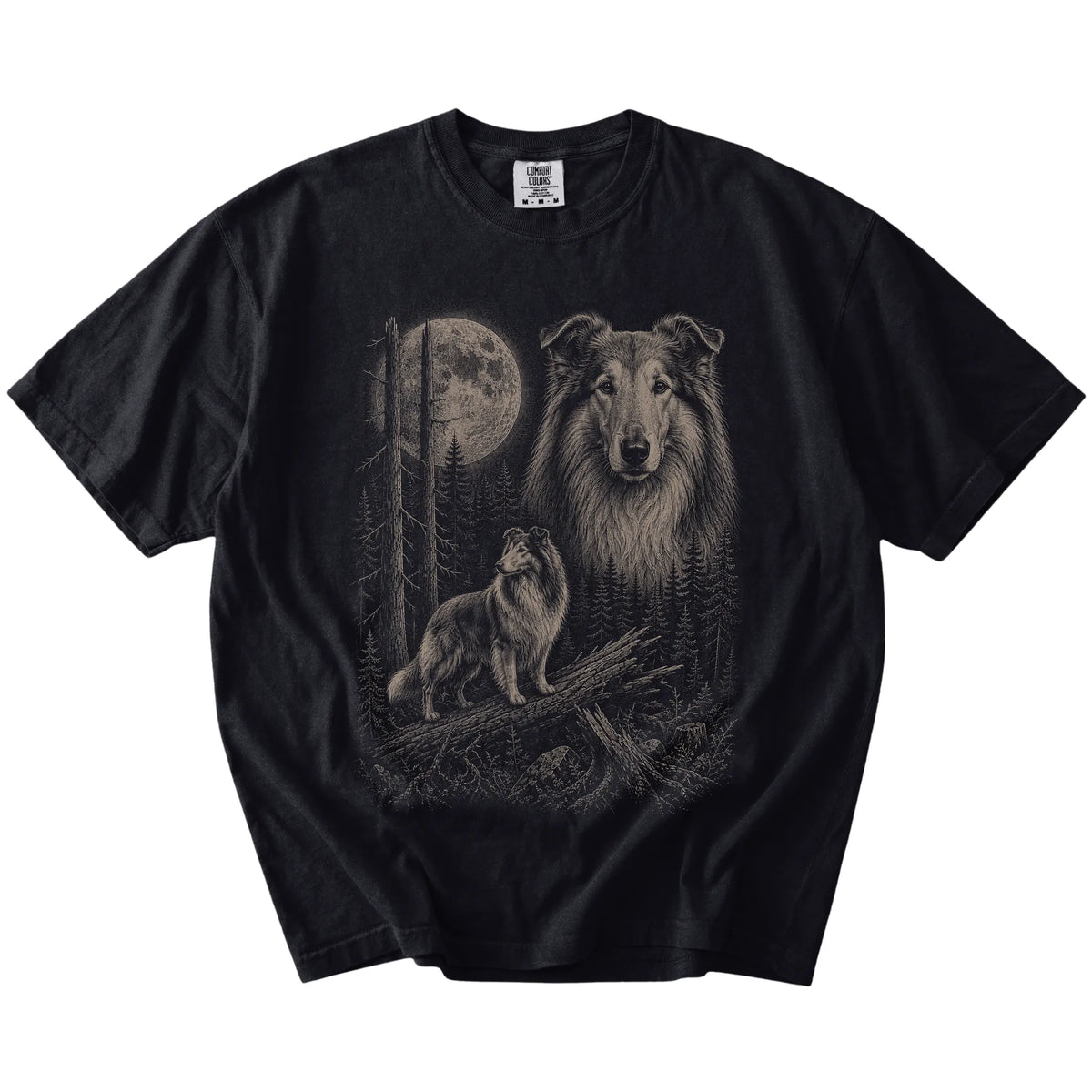 Black Collie Moonlit Forest T-Shirt laid flat