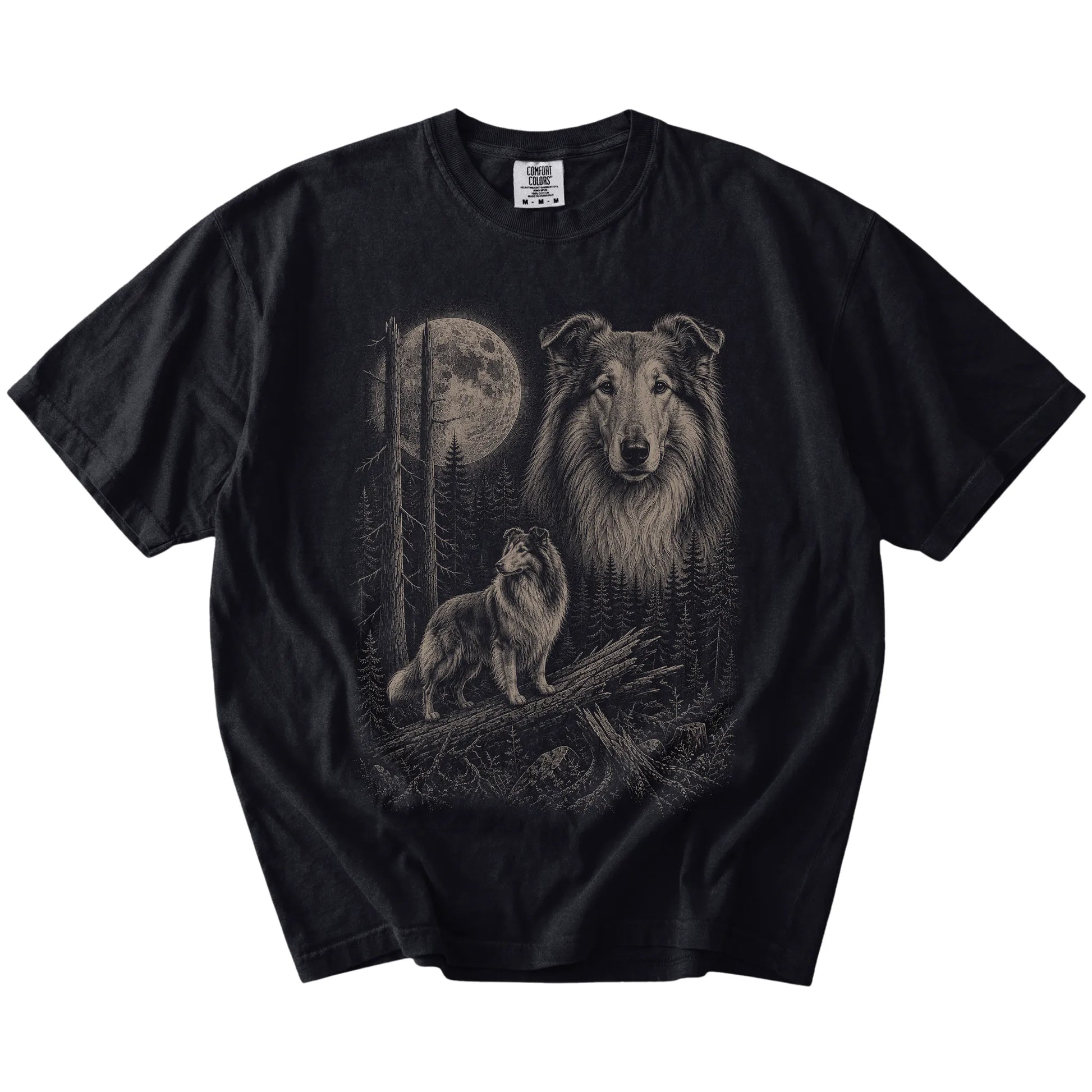 Black Collie Moonlit Forest T-Shirt laid flat