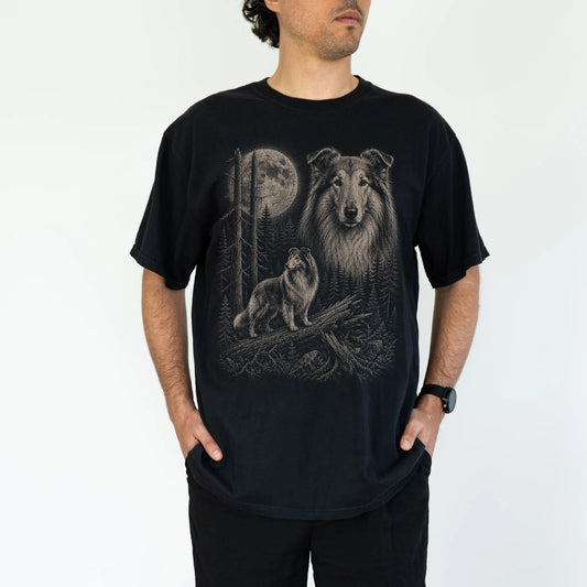 Man wearing a Black Collie Moonlit Forest T-Shirt