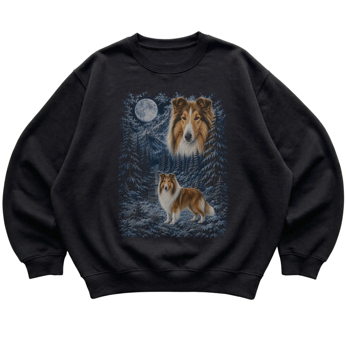 black sweatshirt with Collie Winter Moon artwork.