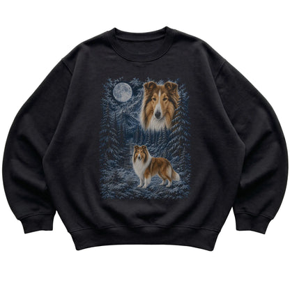 black sweatshirt with Collie Winter Moon artwork.