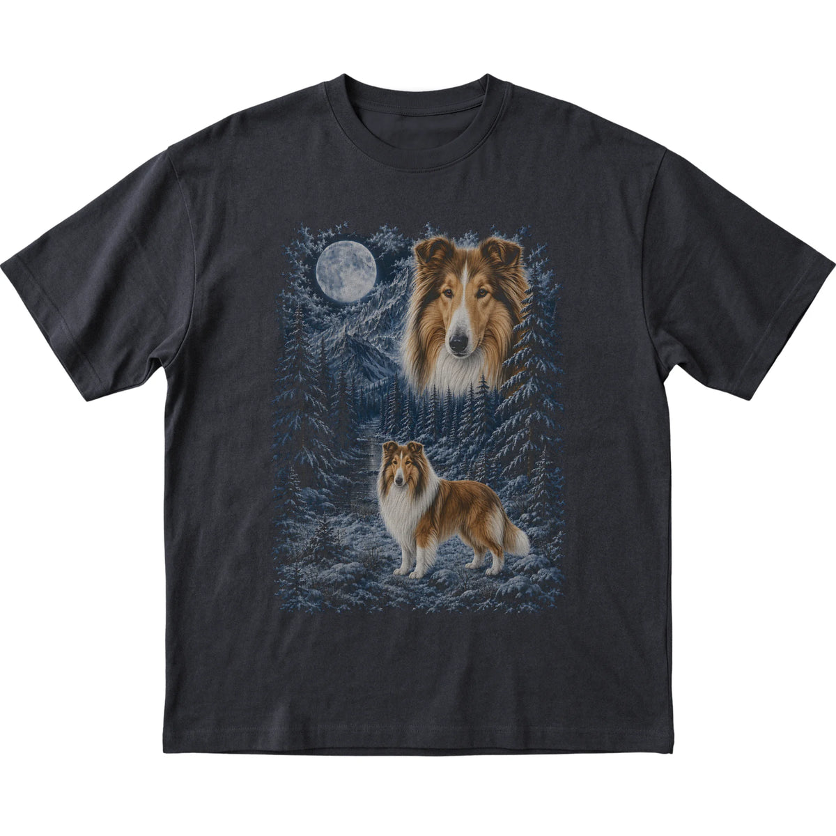 black T-shirt with Collie Winter Moon artwork.