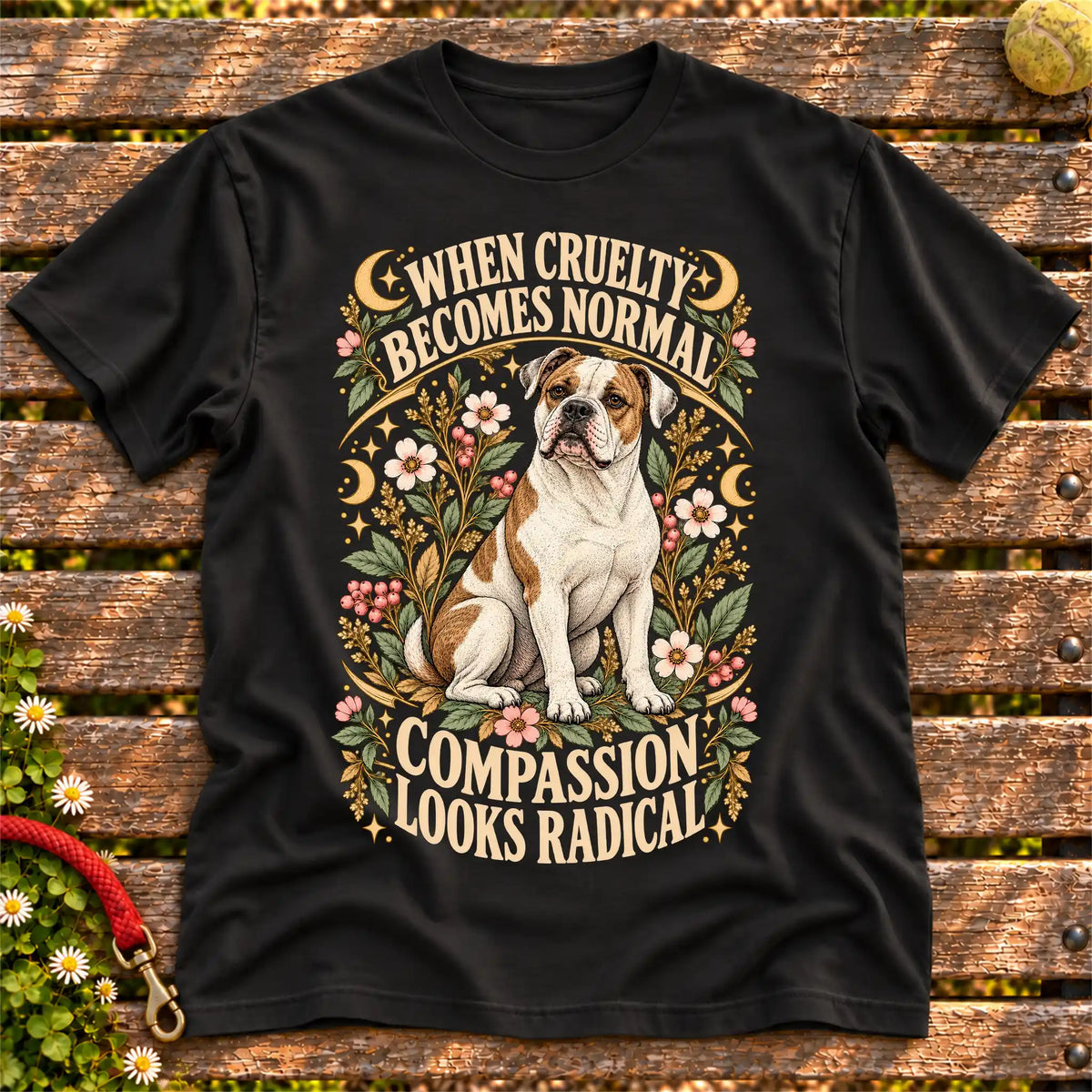 Compassion Looks Radical American Bulldog design on a Black Gildan T-shirt