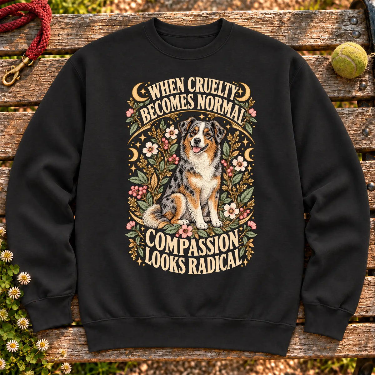 Compassion Looks Radical Australian Shepherd design on a Black Gildan sweatshirt