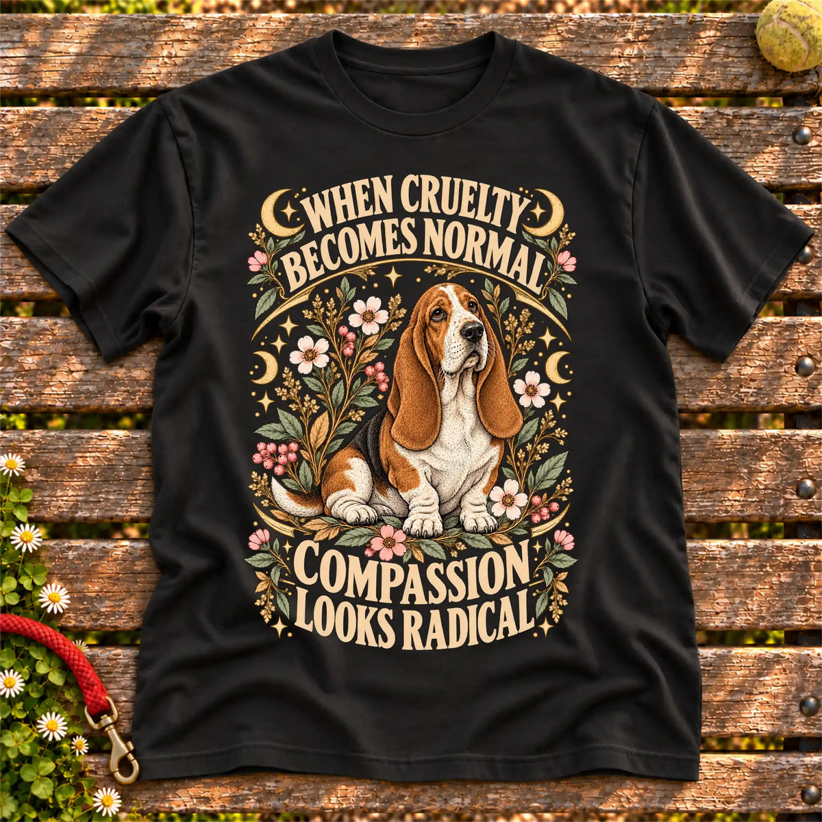 Compassion Looks Radical Basset Hound design on a Black Gildan T-shirt
