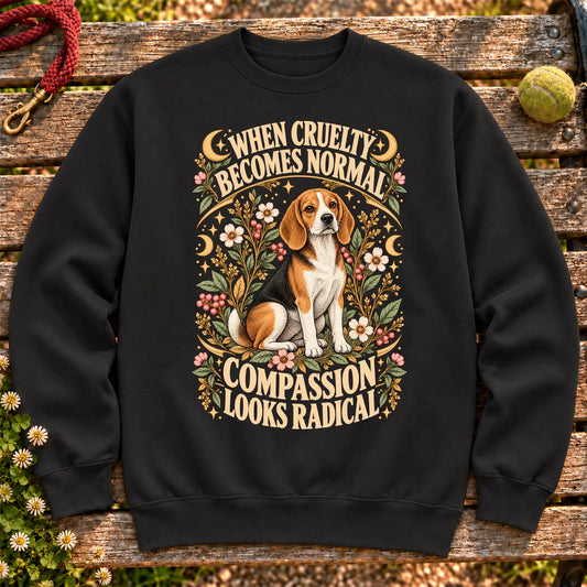 Compassion Looks Radical Beagle design on a Black Gildan sweatshirt