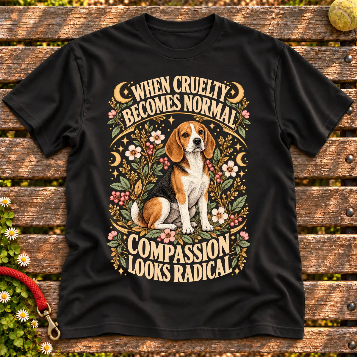 Compassion Looks Radical Beagle design on a Black Gildan T-shirt