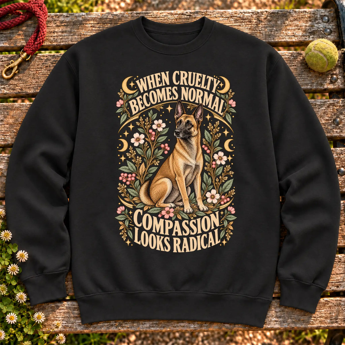 Compassion Looks Radical Belgian Malinois design on a Black Gildan sweatshirt